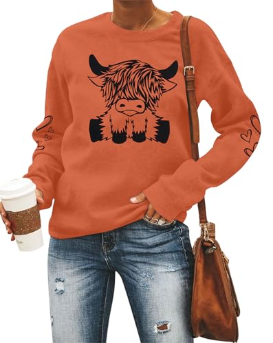 Highland Cow Sweatshirt mit Kuh-Aufdruck – Sweatshirts Country Western Pullover Tops Tierliebhaber Geschenk Bauernhof Sweatshirt, Rot/Ausflug, einfarbig (Getaway Solids), XL von UNIQUEONE