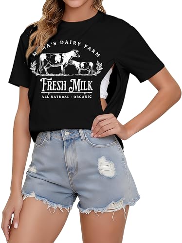 Komfort-Stillshirts für Damen, Reißverschluss, Still-Top, Causal Distressed Acid Washed Umstands-T-Shirts, Schwarz, X-Groß von UNIQUEONE