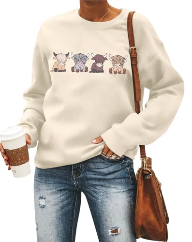 UNIQUEONE Highland Cow Sweatshirt mit Kuh-Aufdruck – Sweatshirts Country Western Pullover Tops Tierliebhaber Geschenk Bauernhof Sweatshirt, aprikose, XL von UNIQUEONE