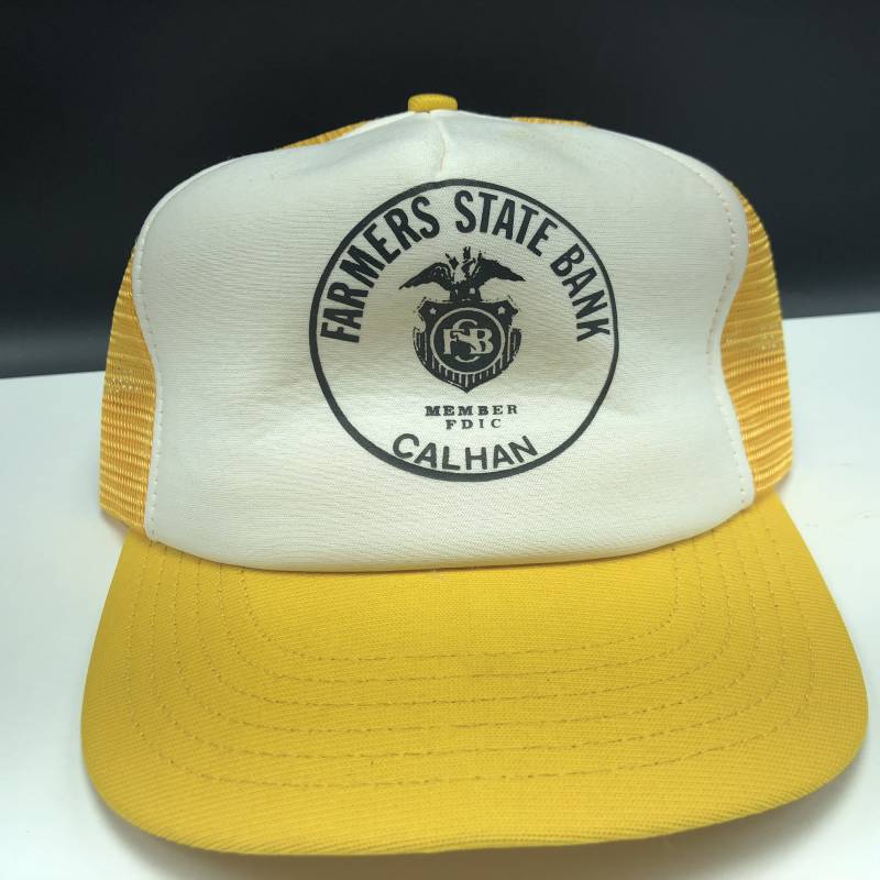 Snapback Strapback Trucker Stil Baseball Hut Mütze Vintage Retro Seltene Sammler Stück Usa Machte Uns Calhan Farmers Staatsbank Mitglied Fdic Gelb von UNIQUETREASUREFREAK