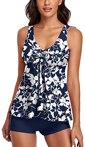 UNIQWETO Bauchkontrolle Tankini Tops mit Boyshorts 2 Stück Badeanzüge für Frauen Badeanzüge, Marineblau und Weiß mit Blumenmuster, X-Large von UNIQWETO