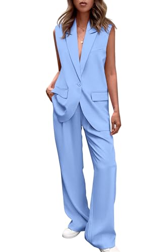 REINNAT Ärmellose Anzugweste und Hose mit weitem Bein für Damen, Business-Casual-Blazer-Set, hellblau, L von UNITDUCT