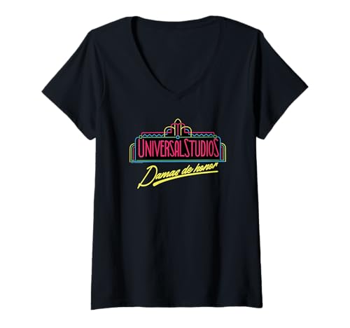 Damen Universal Studios Marquee Damas de Honor Neon T-Shirt mit V-Ausschnitt Damen Universal Studios Marquee Damas de Honor Neon T-Shirt mit V-Ausschnitt von UNIVERSAL DESTINATIONS & EXPERIENCES