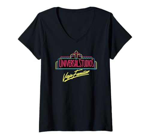 Damen Universal Studios Marquee Viaje Familiar Neon T-Shirt mit V-Ausschnitt Damen Universal Studios Marquee Viaje Familiar Neon T-Shirt mit V-Ausschnitt von UNIVERSAL DESTINATIONS & EXPERIENCES