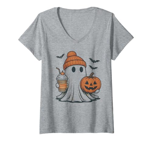 Damen Süßer Geist Herbst Kaffee Halloween Retro T-Shirt mit V-Ausschnitt von UNK