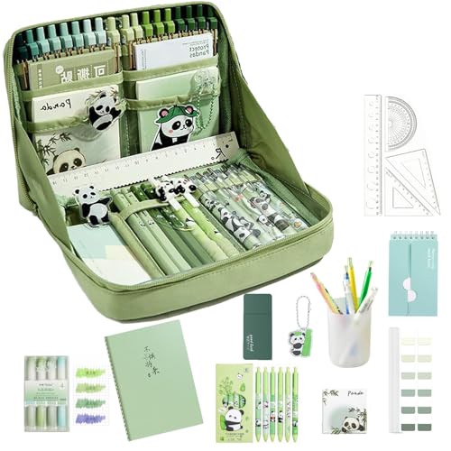 UNKCEST 9 Fächer Panda Federmäppchen Set mit Reißverschluss | Federtaschen Mäppchen aus Leinwand | Schreibwaren Set Große Kapazität Briefpapier Set Pencil Case Geschenkset von UNKCEST