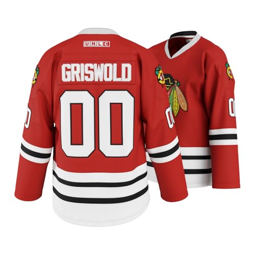 UNLC Griswold #00 Movie Hockey Trikots Genähte Buchstaben und Zahlen, Rot/Ausflug, einfarbig (Getaway Solids), M von UNLC