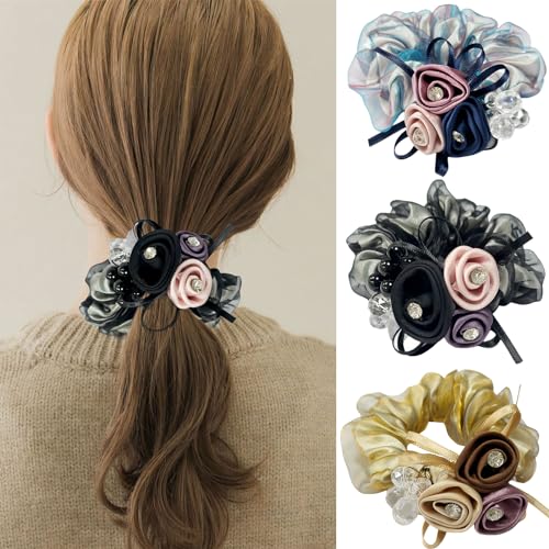 UNLONLEG Blumen-Haargummis für Damen, 3 Stück, Rosen-Strass-Haargummis, Schmuckgummi, Kristall, elastisches Haargummi, Haarschmuck für Damen und Mädchen, Blau, Hellbraun und Schwarz (A#) von UNLONLEG