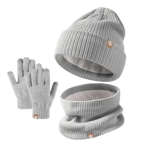 UNNESTAR Kids Winter Hat Scarf Gloves Set - Thermal Knitted Beanie with Soft Fleece Neck Warmer for Children Aged 2-8 von UNNESTAR