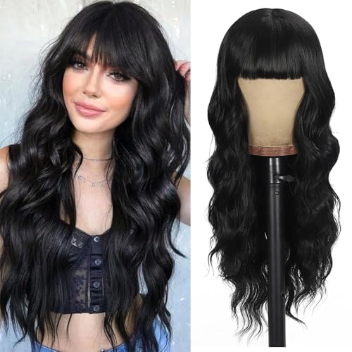 Schwarze Perücke mit Pony, gewellte lockige Perücke für Damen, natürliche schwarze gewellte Perücke, hautfreundliche Kunstfasern, für Festivals, Urlaub, 66 cm Schwarze Perücke mit Pony, gewellte lockige Perücke für Damen, natürliche schwarze gewellte Perücke, hautfreundliche Kunstfasern, für Festivals, Urlaub, 66 cm von UNNYMGER