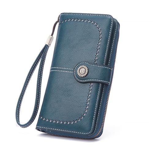 UNOSEKS Portemonnaie Damen - Lange Bifold Hochwertiges Leder Geldbörse Damen mit RFID/NFC Schutz, Portmonee Damen mit 24 Kartenfächer und Portemonnaie Abnehmbare Handschlaufe(Pfauenblau) von UNOSEKS