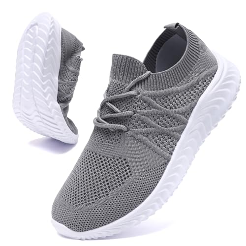 UNQWQZ Laufschuhe Damen Sneaker Leicht Sportschuhe Turnschuhe Bequem Hallenschuheschuhe rutschfeste Schuhe Damen Tennisschuhe Gym Schnürschuhe Hellgrau 36 von UNQWQZ