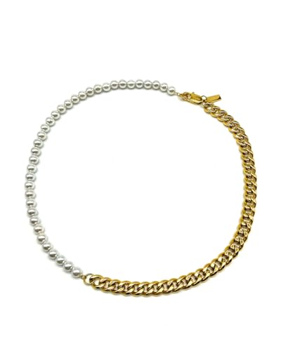 Echte Perlen Cuban Mix Kette für Herren und Damen aus 316L Edelstahl, 18k Gold und Seashell Pearls - Streetwear Perlenkette aus 6mm Perlen und Cuban Mix - Wasserfeste Perlenkette (45cm, Gold) von UNSHINEBAR