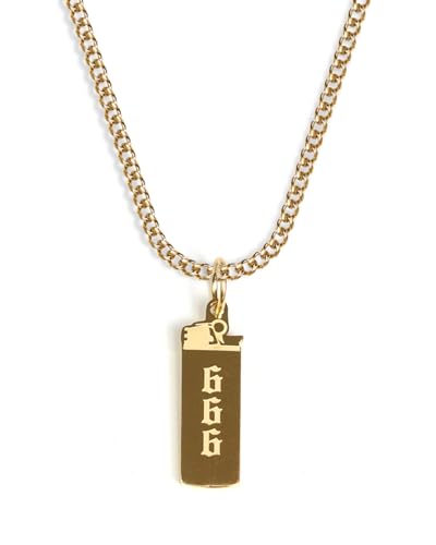 Feuerzeug 666 Kette mit Anhänger für Herren und Damen - Streetwear Cuban Halskette mit Lighter 666 Anhänger aus Edelstahl und 18K Gold - Wasserfeste Kette - 50-55cm Länge verstellbar (Gold) von UNSHINEBAR