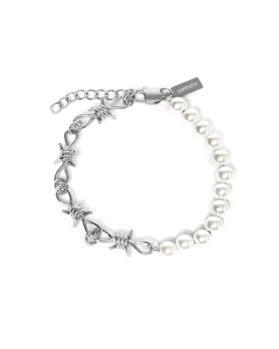 Perlen Stacheldraht Armband für Herren und Damen - Streetwear Goth Barbed Wire Armband mit Perlen aus Edelstahl und 18K Gold - Wasserfestes Stachel Bracelet 5mm Breite - Verstellbare Größe (Silber) von UNSHINEBAR