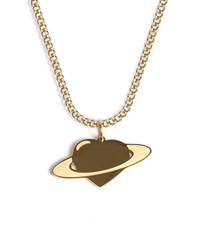 Planet Herz Kette mit Anhänger für Herren und Damen - Streetwear Cuban Halskette mit Saturn Planet Heart Anhänger aus Edelstahl und 18K Gold - Wasserfeste Kette - 50-55cm Länge verstellbar (Gold) von UNSHINEBAR