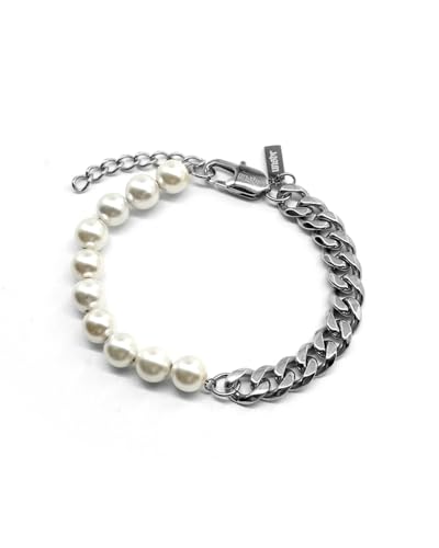 UNSHINEBAR Echtes Perlen Cuban Armband für Herren aus 316L Edelstahl, 18k Gold und Seashell Perlen - Verstellbares Unisex Streetwear Armband aus 8mm Perlen und Cuban Mix Wasserfest (Silber) von UNSHINEBAR