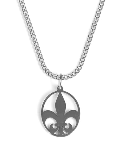 UNSHINEBAR Fleur De Lis Kette mit Anhänger für Herren und Damen - Streetwear Cuban Halskette mit Lilien Anhänger aus Edelstahl und 18K Gold - Wasserfeste Kette - 50-55cm Länge verstellbar (Silber) von UNSHINEBAR