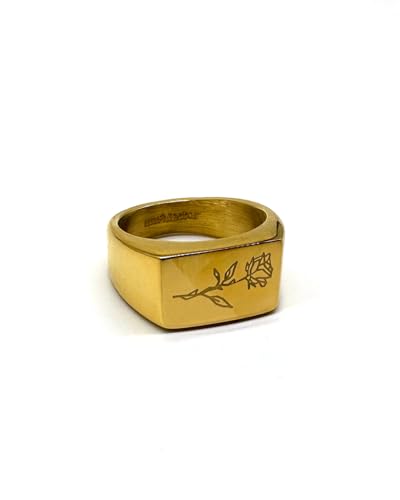 UNSHINEBAR Rose Ring für Herren und Damen - Streetwear Siegelring mit Rose Gravur aus Edelstahl und 18K Gold - Wasserfester Ring (10, Gold) von UNSHINEBAR