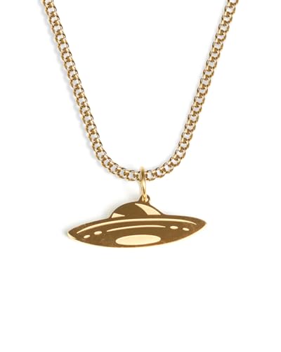 UNSHINEBAR Ufo Kette mit Anhänger für Herren und Damen - Streetwear Cuban Halskette mit Astro Ufo Alien Anhänger aus Edelstahl und 18K Gold - Wasserfeste Kette - 50-55cm Länge verstellbar (Gold) von UNSHINEBAR