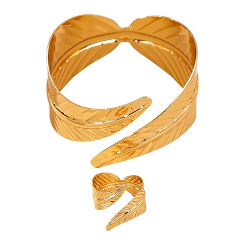 2-teiliges Damen-Schmuck-Set, geometrisches Blatt-Manschetten-Armreif und Ringe, verstellbare Metallöffnung, Zubehör, Retro-Metall-Armreifen 2-teiliges Damen-Schmuck-Set, geometrisches Blatt-Manschetten-Armreif und Ringe, verstellbare Metallöffnung, Zubehör, Retro-Metall-Armreifen von UNTERING
