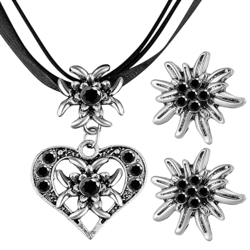 Modisches Ohrring-Halsketten-Set für Frauen, herzförmiger Kristall-Anhänger, Halskette, Edelweiß, Schlüsselbeinkette, Hochzeitsgeschenk, Bier-Festival-Halskette von UNTERING