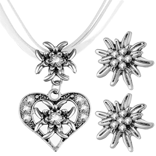 Modisches Ohrring-Halsketten-Set für Frauen, herzförmiger Kristall-Anhänger, Halskette, Edelweiß, Schlüsselbeinkette, Hochzeitsgeschenk, Bier-Festival-Halskette von UNTERING