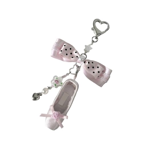 UNTERING Eleganter Ballettschuh-Anhänger, verziert mit gepunkteter Schleife, handgefertigter Satin-Handygurt für Taschen und Schlüssel, Vintage-Ballettschuh-Geldbörsen-Dekorationen von UNTERING
