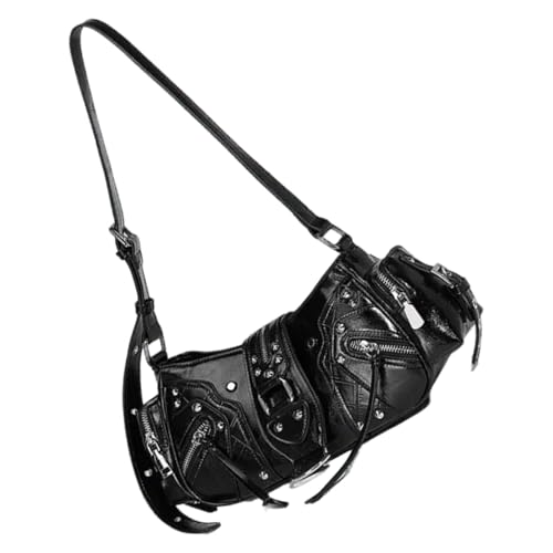UNTERING Handtasche im Vintage-Motorrad-Stil mit Nieten-Design, PU-Leder, Unterarmtasche für trendige Frauen, modische Umhängetasche, Schultertasche, Schwarz , 28x12x15cm /11.02x4.72x5.9in von UNTERING