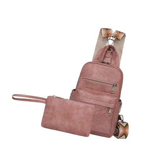 UNTERING Retro Brusttasche und Make-up-Tasche Set Damen Rucksack Mode Umhängetasche PU Leder Große Kapazität Crossbody Geldbörse Schultertasche Handtasche, fuchsia, 20x10x30cm /7.87x3.93x11.81in von UNTERING