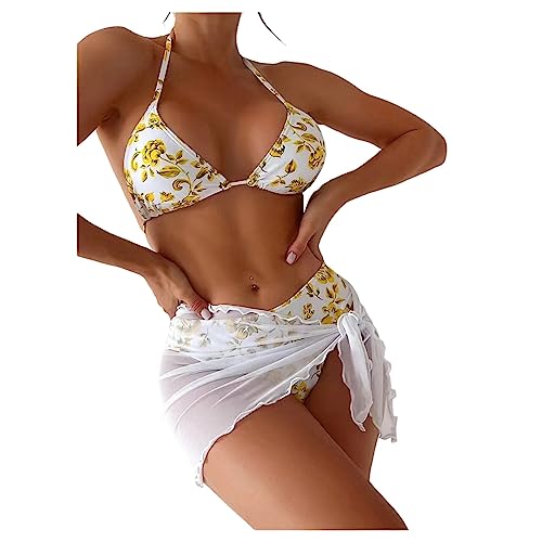 Damen 3 -teiliges Badeanzug Floral Print Bikini Set mit Maschenabdeckung Rock Back Back Beachsuit von UNeedVog