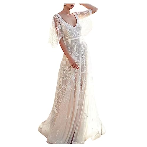 Frauen Abendkleid Deep V Backless Batman Ärmel Spitzenkleider Boden Wischen Elegantes Prinzessin von UNeedVog