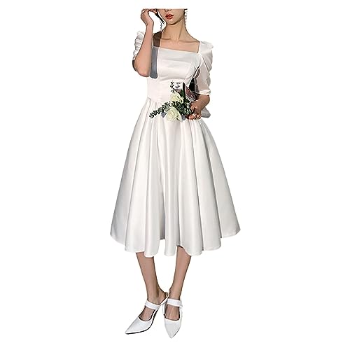 Frauen Abendkleid Hohe Taille A-Linie Formelle Kleider Satin Square Neck Midi Verlobungskleid von UNeedVog