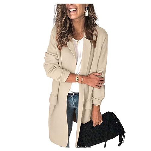 Frauen Blazer Midi Knie-Tiefe Anzug Jacke Revers Knopfloser Herbstmäntel Solid Business Casual von UNeedVog