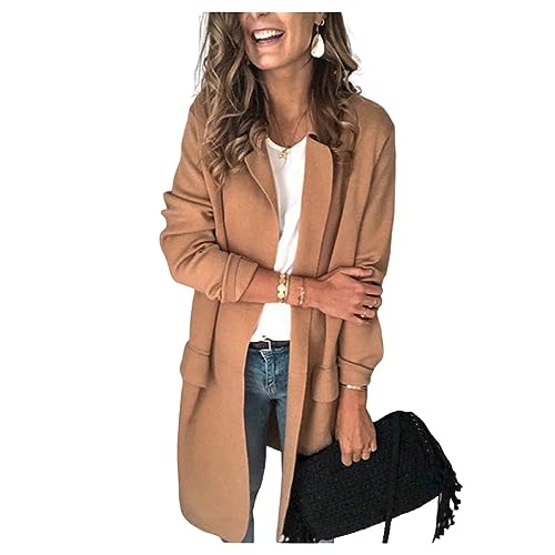 Frauen Blazer Midi Knie-Tiefe Anzug Jacke Revers Knopfloser Herbstmäntel Solid Business Casual von UNeedVog