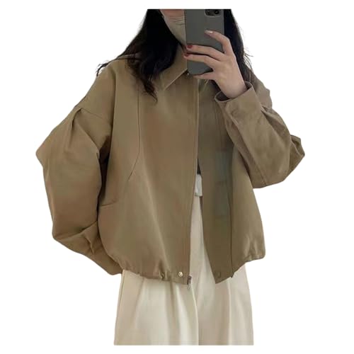 Frauen Lässige Jacke Von Frauen Solid Revers Lose Cropped Jackets Reißverschlussmantel Kordelzug von UNeedVog