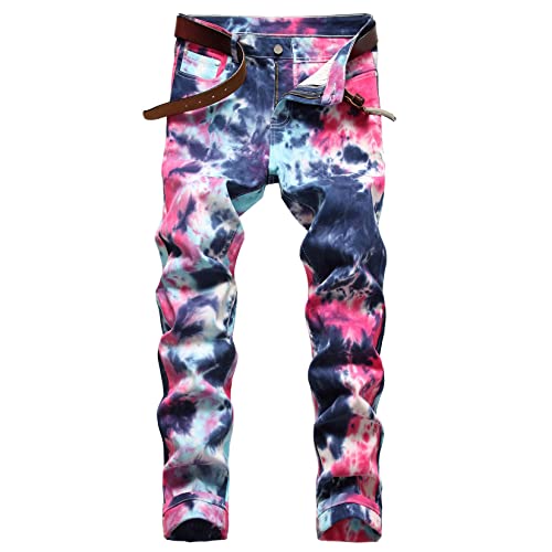 Herren Stretch Jean Fashion Tie Dye Printed Jeans Slim Gerade Jeans Casual Gestapelte Denim Hosen von UNeedVog