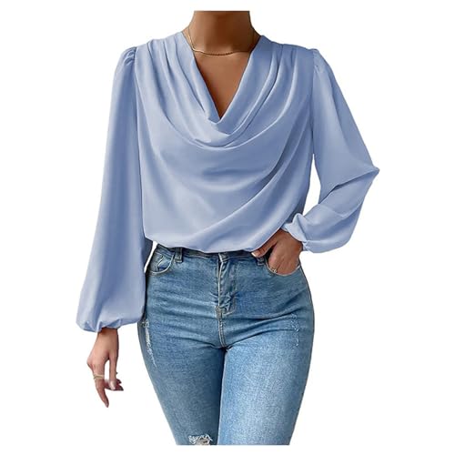 Langarm-t-Shirts für Damen, Einfarbig, Drapiert, Chiffon-Oberteile mit V-Ausschnitt, Edle T-Shirts von UNeedVog