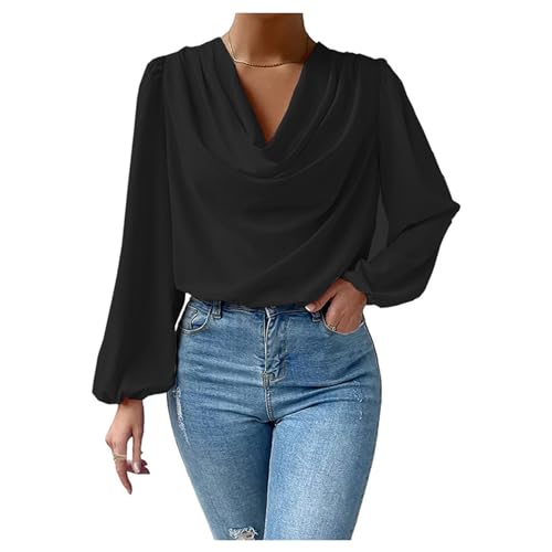Langarm-t-Shirts für Damen, Einfarbig, Drapiert, Chiffon-Oberteile mit V-Ausschnitt, Edle T-Shirts von UNeedVog