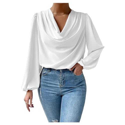 Langarm-t-Shirts für Damen, Einfarbig, Drapiert, Chiffon-Oberteile mit V-Ausschnitt, Edle T-Shirts von UNeedVog