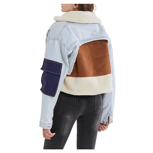 UNeedVog Damen Plüschjacke Denim Spleiß Geschnittenes Fleece Mantel Lossen Fit Klakke Down Sherpa Oudewe von UNeedVog