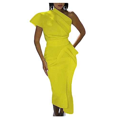 UNeedVog Frauenkleid One-Shoulder High Taille Slit Midi Kleider mit Buggürtel Dreidimensionales von UNeedVog