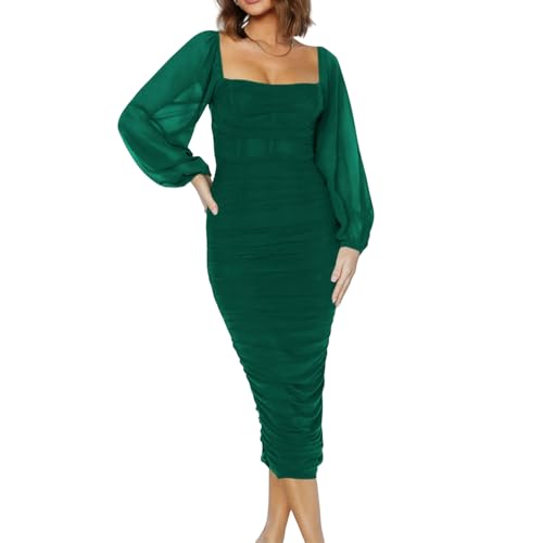 UNeedVog Women's Long Sleeve Dress Long Square Neck Bubble Sleeve Dresses Slim Fit Split Satin Dress von UNeedVog