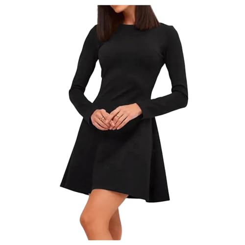Women's Long Sleeve Dress Slim Fit High Waist A-line Pleated Dresses Basic Black Crew Neck Dress von UNeedVog