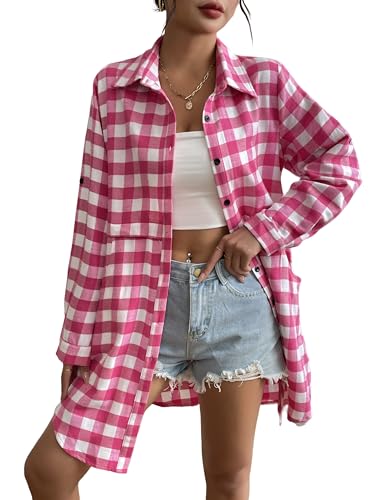 UNibelle Damen Bluse Kariertes Hemdjacke Oktoberfest Hemd Langarmshirt Karo Tunika Tops Casual V-Ausschnitt Oberteile mit Knöpfen Rosa M von UNibelle