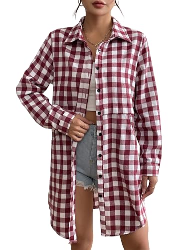 UNibelle Bluse Damen Button Down Langarm Shirt Hemd Normale Passform Lange Ärmel Flanellhemden Weinrot M von UNibelle