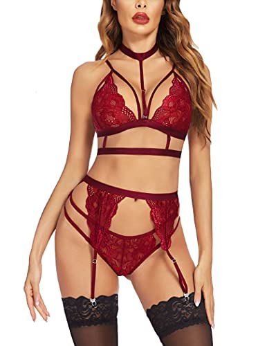 UNibelle Corsage Damen Dessous Strapse Set Unterwäsche Choker Sexy Spitze Reizwäsche Unterhose und Strumpfband Set Weinrot L(Ohne Strümpfe) von UNibelle