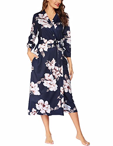 UNibelle Morgenmantel Damen leicht Kimono maxi Dünn Saunamantel Lang weich Robe Tasche Frauen Hausmantel Blumen L von UNibelle