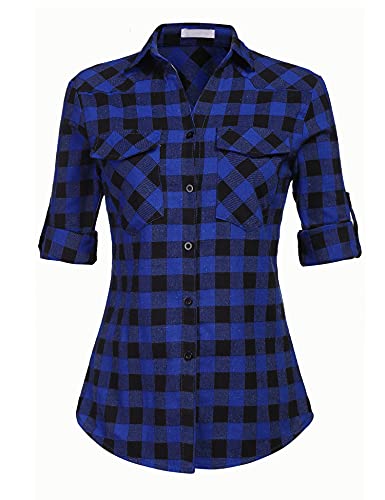UNibelle Damen Karierte Bluse mit Verstellbare Ärmeln Karo Shirt mit Knopfleiste Hemd mit Taschen flanellhemd Dunkelblau S von UNibelle