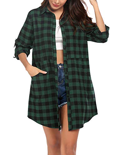 UNibelle Damen Bluse Kariertes Hemd mit Knopfleiste Langarm Oktoberfest Bluse V-Ausschnitt Oberteile Casual Oversized Hemdjacke Grün M von UNibelle